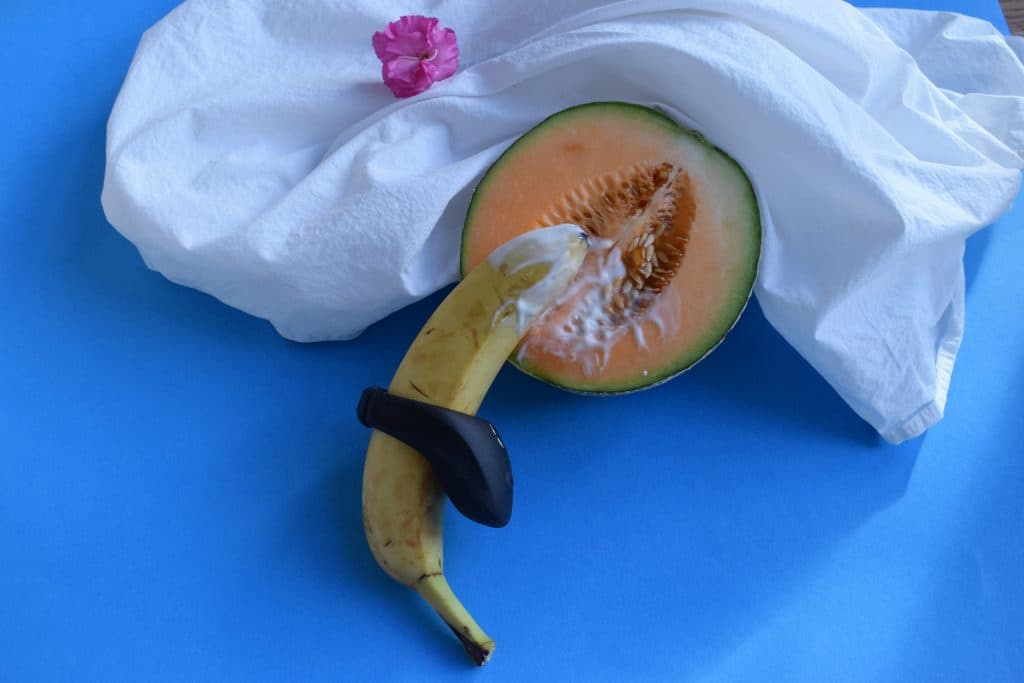 front banana on melon with penis ring